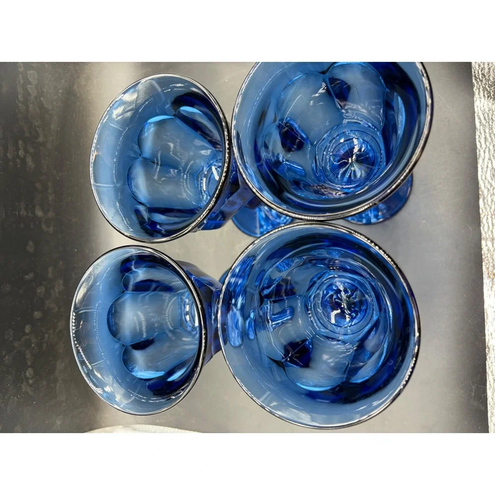 Vintage Cobalt Blue Glass Water Goblets Set of 4 Paneled Stemware 7 Inch